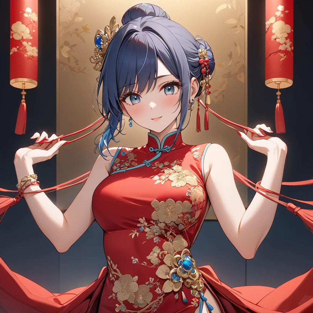 ((Highest quality)), ((masterpiece)), (detailed), (Perfect Face)、The woman, Akane Kurokawa, has her medium-long blue hair tied up in a bun. She is dressed in a gorgeous red Chinese dress with gold embroidery and trimmings, and is lavishly decorated with gorgeous accessories and an engagement ring.