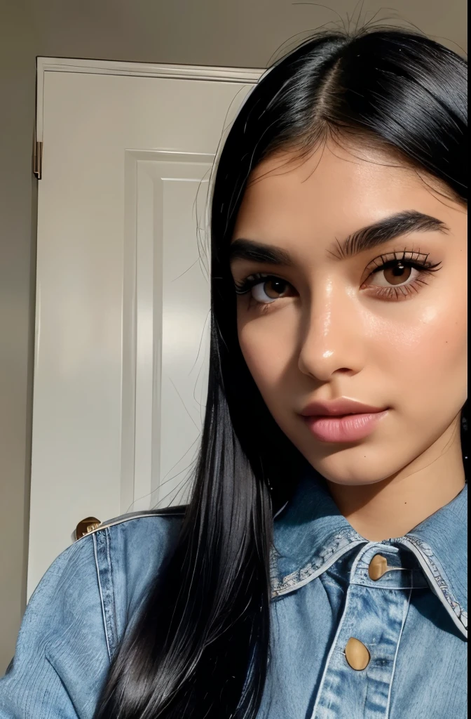 beautiful digital influencer, fair skin, black hair, striking eyebrows, black eyes, perfect nose, full mouth, angelic face. very beautiful