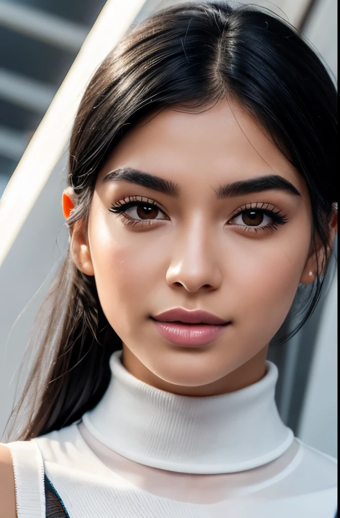 beautiful digital influencer, fair skin, black hair, striking eyebrows, black eyes, perfect nose, full mouth, angelic face. very beautiful