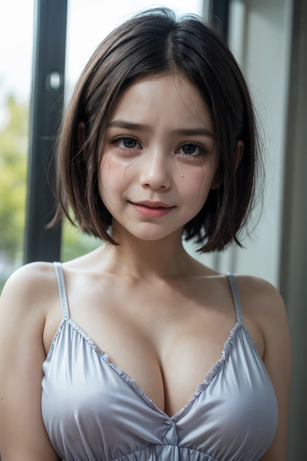 (CRYING FACE EXPRESSION:1.3), Chubby adorable, (V-neck ice silk nightdress), 1 girl, (face to face), , baby face, hf body portrait, (face details: 1), (eye details: 1), ((big breasts)). wearing transparent transparency soft soft, .. Cute posed. proportional body. Ultra High Res. realistic: 1.4, UHD, (leopard pattern), ((Very Short Haircut))