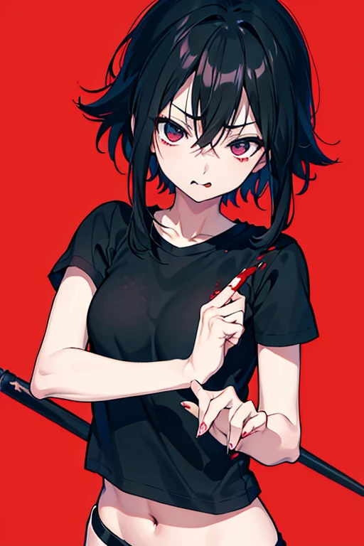 alone、with cruel intent、dark kanji、blood、Wear a simple black t-shirt.、Black-haired woman, , Masami Kurumada style, Inspired by Yukihiko Yasuda, looking straight ahead(指でHide your eyes)Hide your eyes、 stick out your tongue、there'A five-inch nail was stuck in the tongue..、The background is a dark image.、The eyes are covered with fingers.、