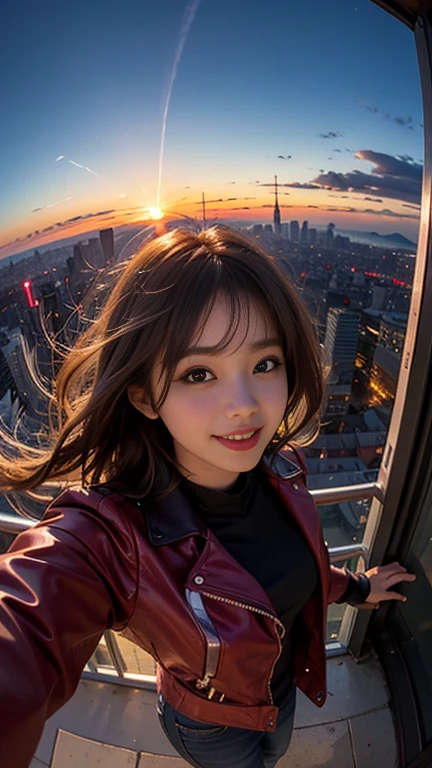 One girl, Korean, Fisheye Lens, Selfie, Wind, Messy Hair, sunset, Cityscape, (Aesthetics and atmosphere:1.2),smile