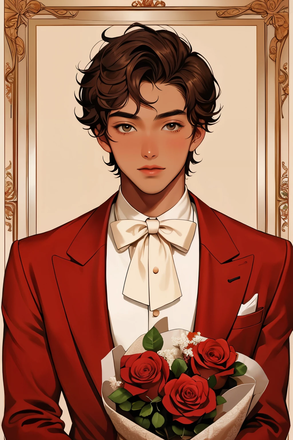 Portrait of a fancy age male, , and tan skin, have a fancy and modern design of clothes, Red, brown skin, giving a Marilyn Monroe Vibe, Sedductive beautiful male with beautiful roses and buquet
