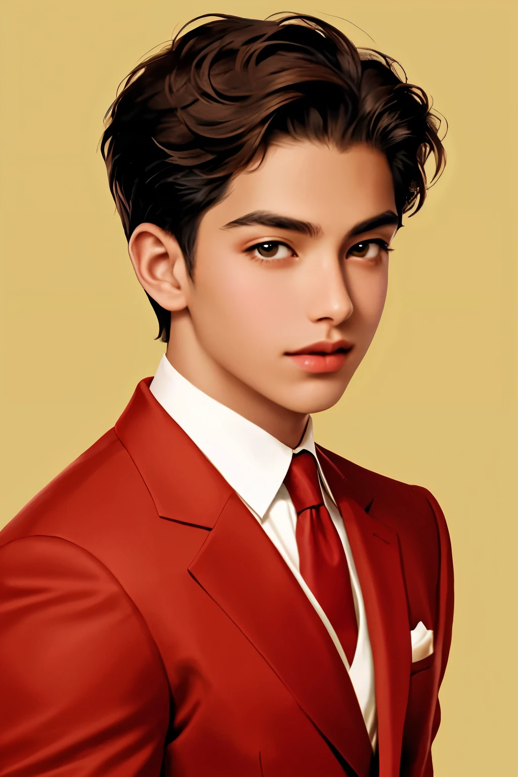 Portrait of a fancy teenage male, , and tan skin, have a fancy and modern design of clothes, Red, brown skin, giving a Marilyn Monroe Vibe, Sedductive beautiful male