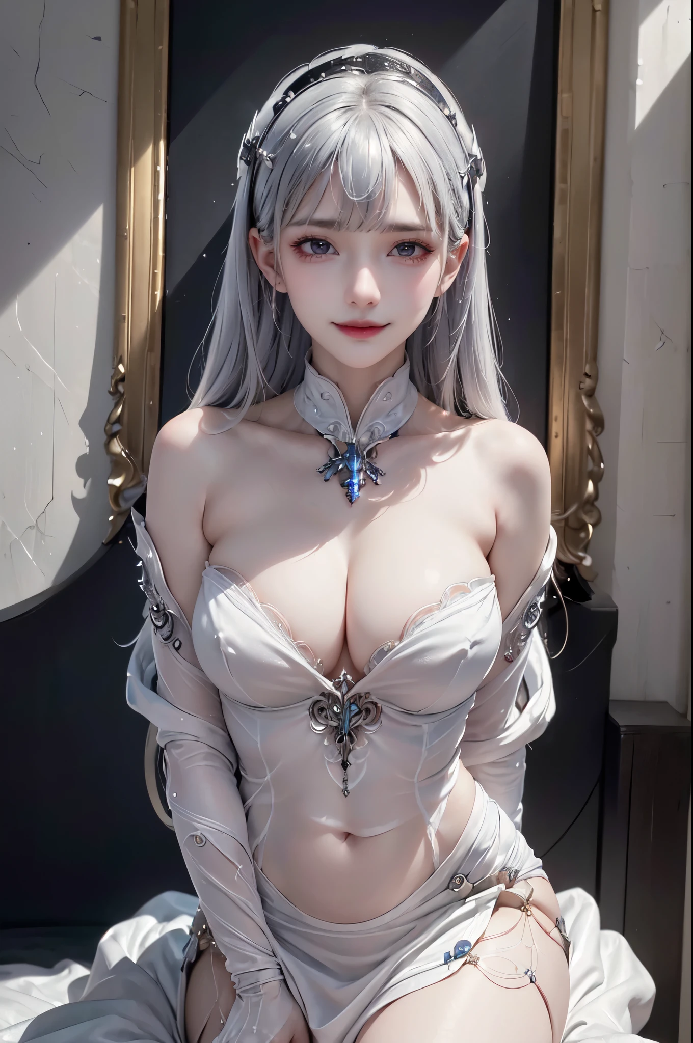 NSFW,((top quality、8k、masterpiece:1.3))Wears a silver-white mech,girl with delicate face,Highest image quality,Ultra-clear,Delicate and clear facial features,end of the world,Mechanical arm,Exquisitely detailed mechanical pattern,cyberpunk characters、numbercity、number、century、throne、