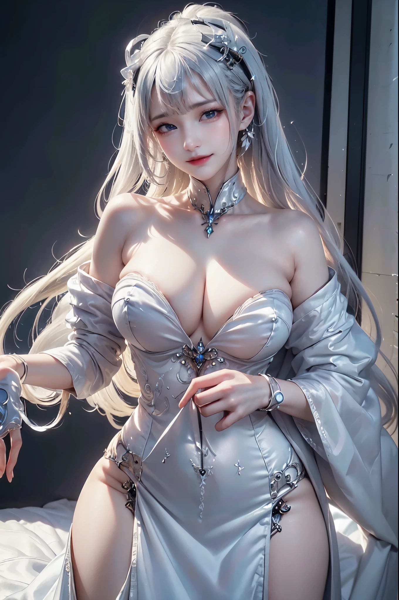 NSFW,((top quality、8k、masterpiece:1.3))Wears a silver-white mech,girl with delicate face,Highest image quality,Ultra-clear,Delicate and clear facial features,end of the world,Mechanical arm,Exquisitely detailed mechanical pattern,cyberpunk characters、numbercity、number、century、throne、