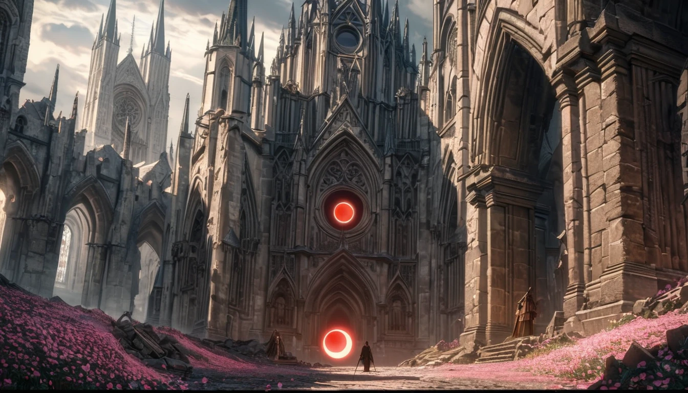 Anime aesthetics, Fantasy Landscape, Medieval Cathedral, Broken wall, Tall old wooden door, Black Old Brooks, Broken road leading to the old cathedral, Red Solar Eclipse, Many pink flowers with pointed petals, Dark Souls 3 Eclipse, Wide Shot, Front view, Violent Solar Eclipse, Tragic atmosphere, Sad mood, 4K, masterpiece:1.4, Highest quality,4K,High resolution ultra-detail, retina