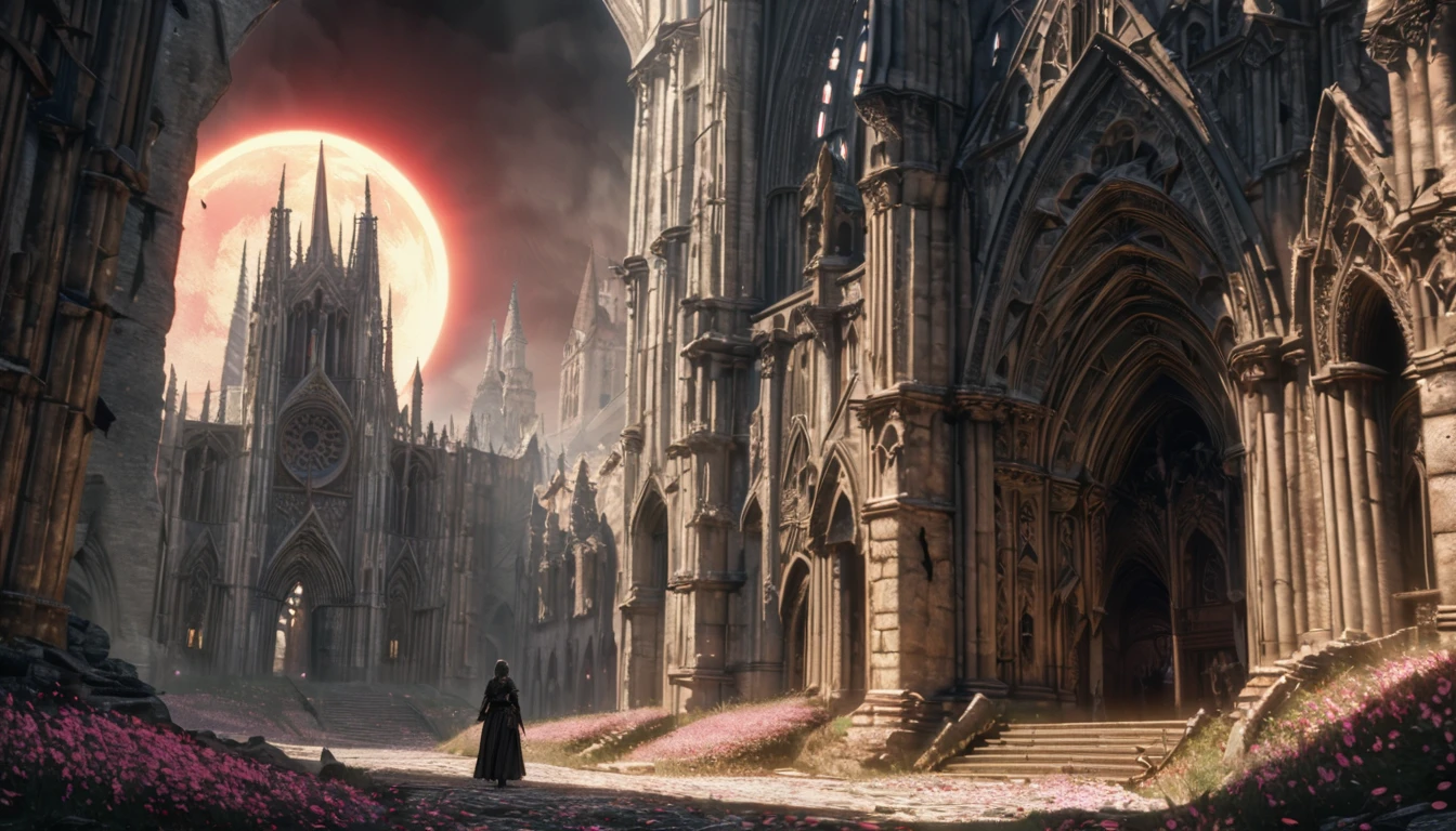Anime aesthetics, Fantasy Landscape, Medieval Cathedral, Broken wall, Tall old wooden door, Black Old Brooks, Broken road leading to the old cathedral, Red Solar Eclipse, Many pink flowers with pointed petals, Dark Souls 3 Eclipse, Wide Shot, Front view, Violent Solar Eclipse, Tragic atmosphere, Sad mood, 4K, masterpiece:1.4, Highest quality,4K,High resolution ultra-detail, retina