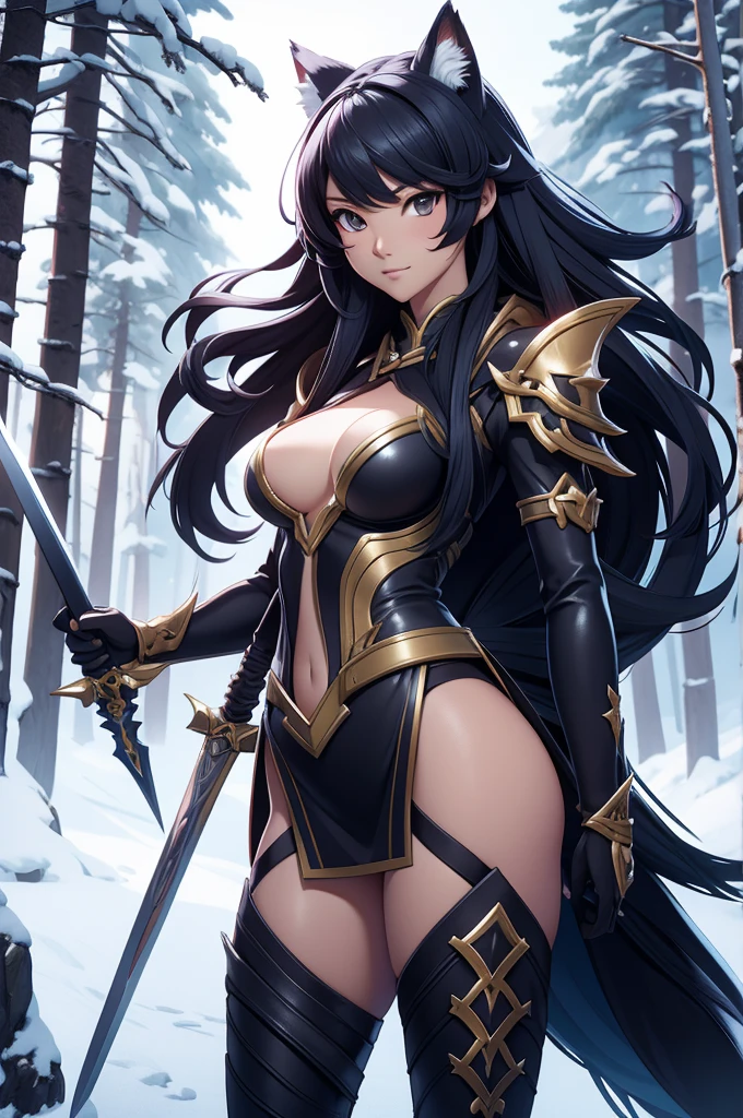 a woman with a sword and a skimpy wolf outfit in the snow, showing lots of skin, an anime drawing inspired by rossdraws, Artstation contest winner, fantasy art, a very beautiful berserker woman, trending on artstation pixiv, detailed anime character art, small breasts, clean detailed anime art, detailed anime artwork, forest hunter lady, extremely detailed artgerm, detailed anime art, detailed digital anime art