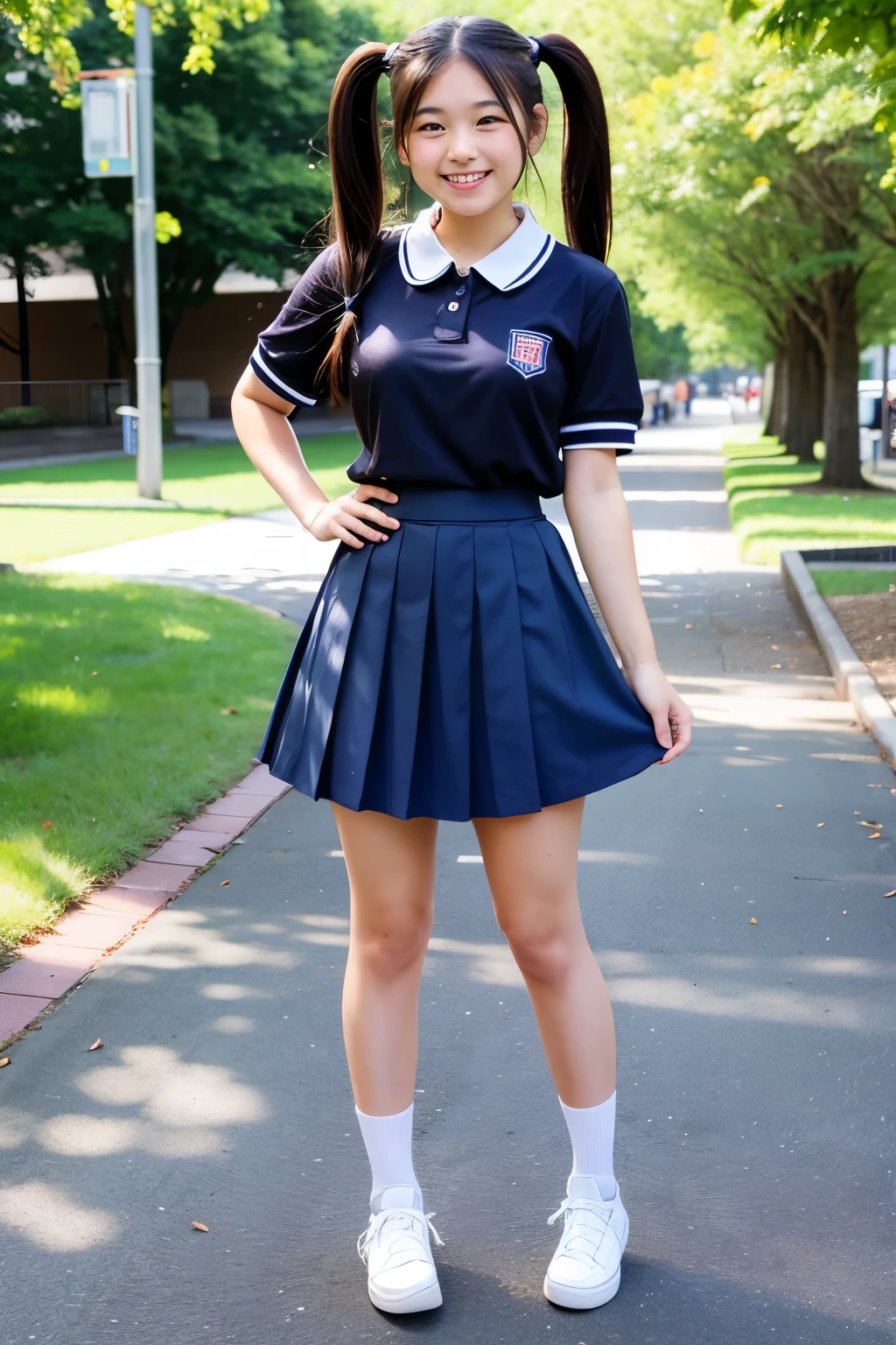 Standing in an empty schoolyard、High school girls、Summer clotheini skirt、Twin tails、Cute Face、Smiling、Full body portrait
