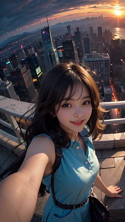 One girl, Korean, Fisheye Lens, Selfie, Wind, Messy Hair, sunset, Cityscape, (Aesthetics and atmosphere:1.2),smile