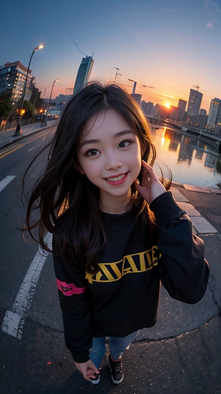 One girl, Korean, Fisheye Lens, Selfie, Wind, Messy Hair, sunset, Cityscape, (Aesthetics and atmosphere:1.2),smile