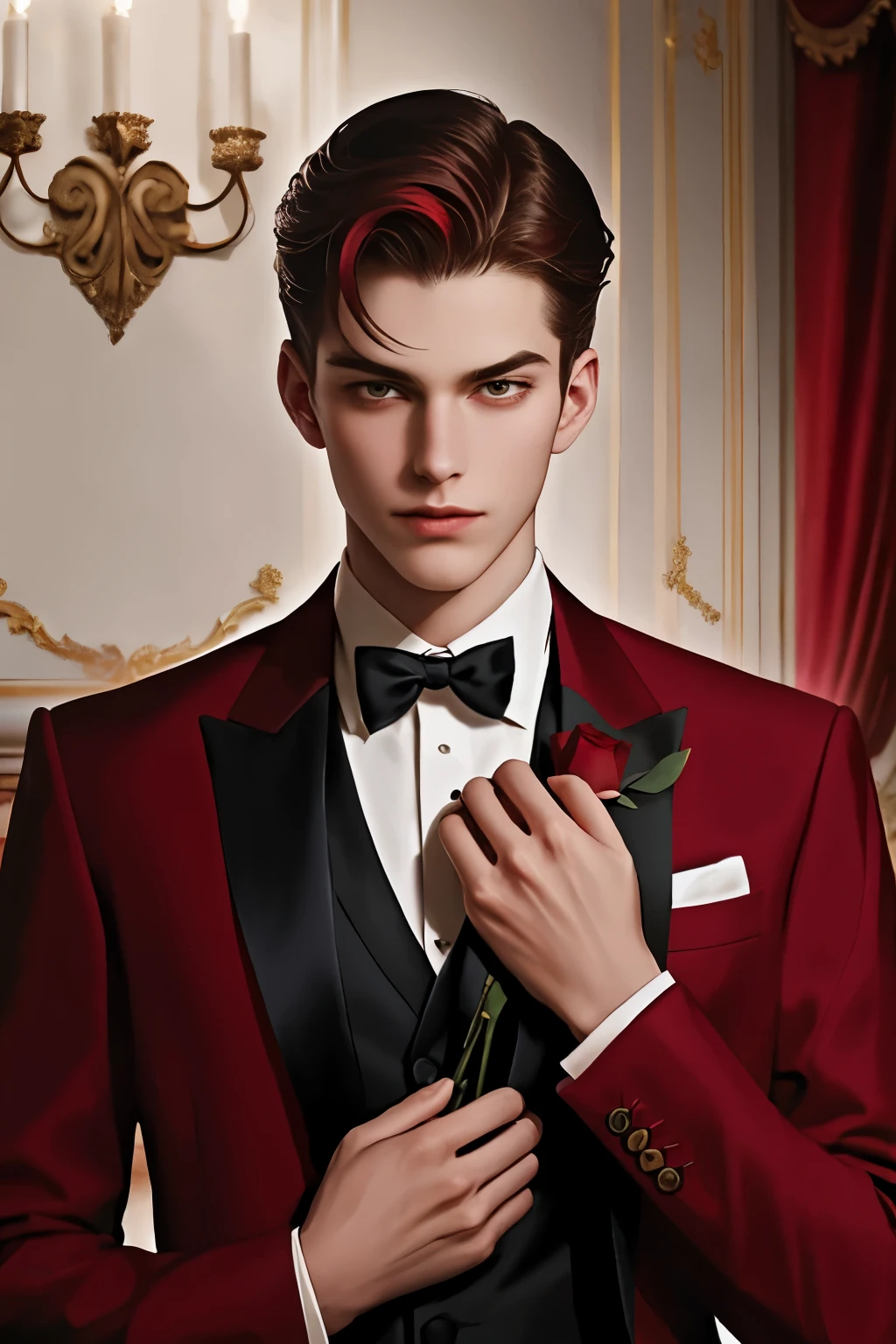 Its giving Old money vibes, and secret killer, PSYCHO... Beautiful young teenager, with charming pose, and with full of roses and boquets, RED ultra picture, details, and beautiful red suit, like modern suit of Runaway show, Fixed lighting composition, and accurate body features