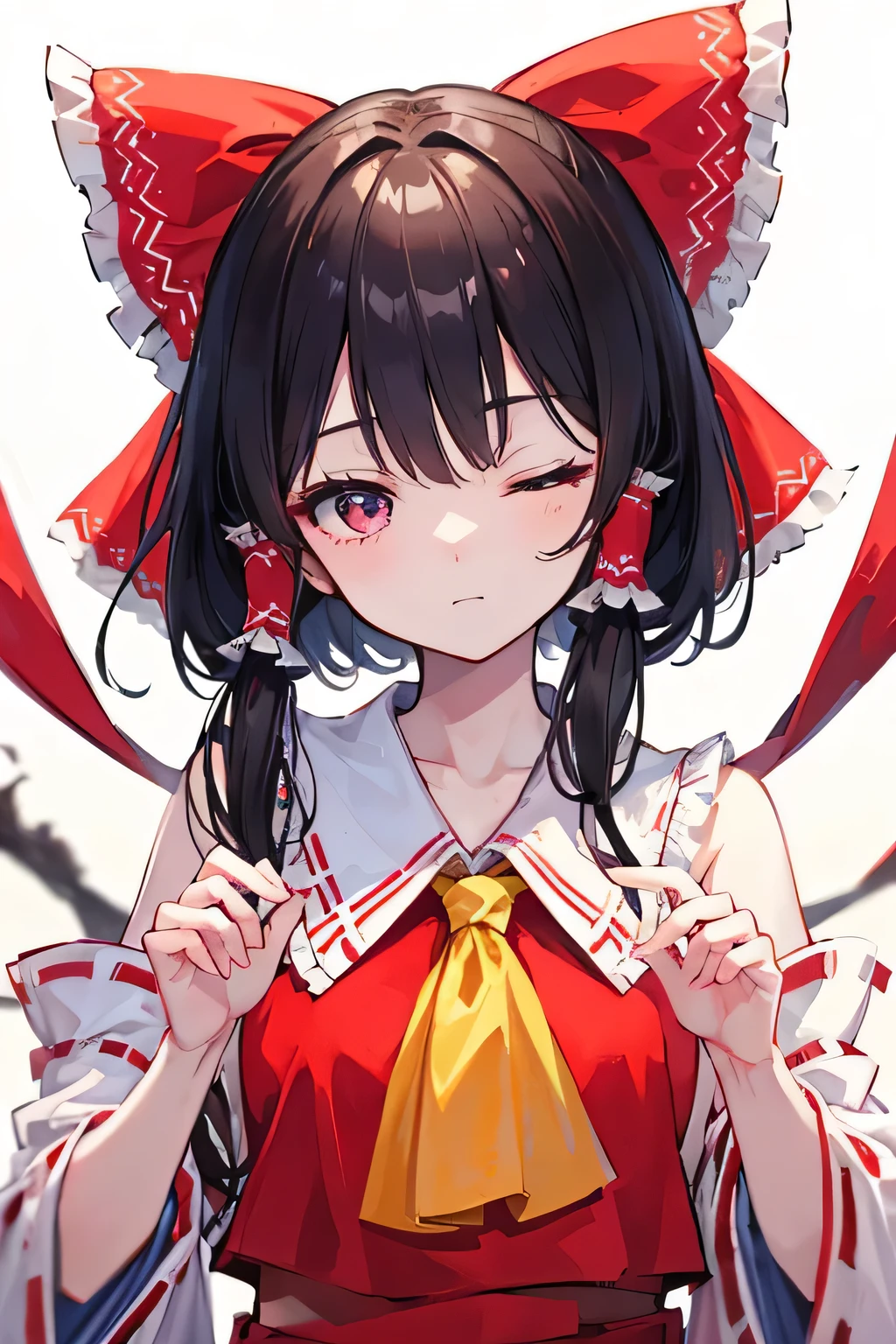 masterpiece, The finer details, 4K, 8k, 12k, alone, alone, beautiful girl, White women, Landscape, Reimu Hakurei with her eyes closed