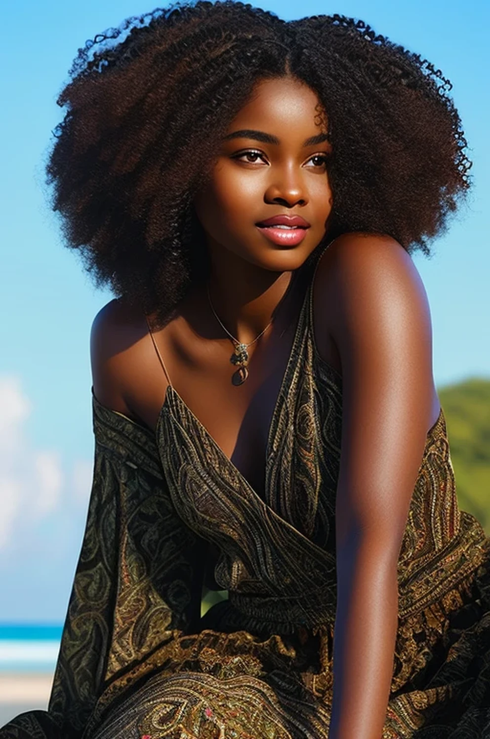 In this 8K high-resolution image, a 3D figure of a confident and radiant young woman with a rich, dark brown skin tone is skillfully depicted in a life-size telegram sticker ad. She is seated on the beach, dressed in a long, flowing gown that gracefully accentuates her figure. The realistic portrait style beautifully captures every detail of her features, including her textured, luscious afro-textured hair. The close-up view offers a detailed look at her expressive brown eyes, full lips, and intricate braids, showcasing the artistry of the portrait. Despite her intimate décor, she exudes a sense of self-assurance and
