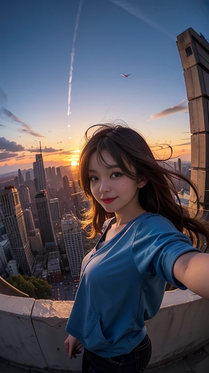 One girl, Korean, Fisheye Lens, Selfie, Wind, Messy Hair, sunset, Cityscape, (Aesthetics and atmosphere:1.2),smile
