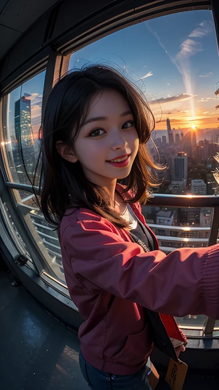 One girl, Korean, Fisheye Lens, Selfie, Wind, Messy Hair, sunset, Cityscape, (Aesthetics and atmosphere:1.2),smile