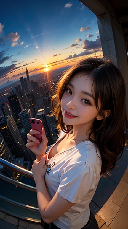 One girl, Korean, Fisheye Lens, Selfie, Wind, Messy Hair, sunset, Cityscape, (Aesthetics and atmosphere:1.2),smile