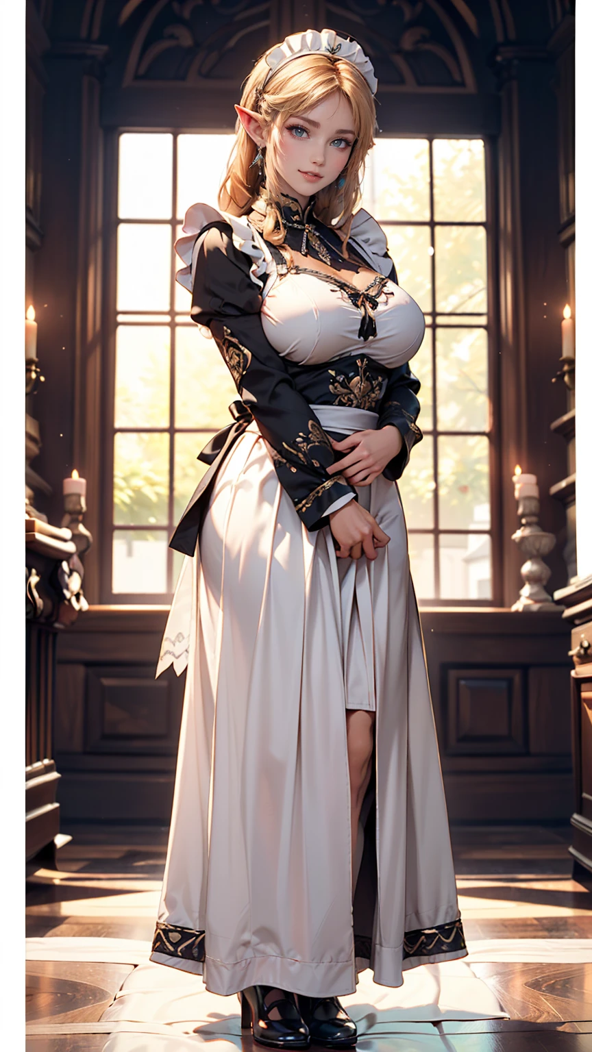 (Full body image:1.5), (Princess Zelda, Are standing, alone:1.2) ,(Large Breasts:1.5), (She is wearing a black maid outfit、wearing a very short white skirt。/Her body-hugging clothes:1.3), (She's in front of the bed in the hotel room:1.3), she has (blue eyes, Dark green mohawk:1.2), (She's smiling, Looking at the audience. Exhibitionist pose:1.2), Anime Style, 16K, Highest quality, Attention to detail, Textured skin, Ultra-high resolution, masterpiece, Anatomically correct