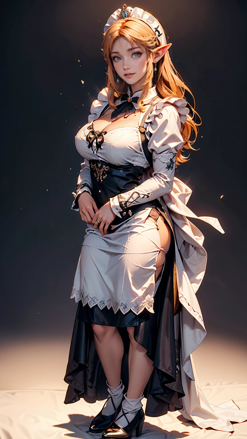 (Full body image:1.5), (Princess Zelda, Are standing, alone:1.2) ,(Large Breasts:1.5), (She is wearing a black maid outfit、wearing a very short white skirt。/Her body-hugging clothes:1.3), (She's in front of the bed in the hotel room:1.3), she has (blue eyes, Dark green mohawk:1.2), (She's smiling, Looking at the audience. Exhibitionist pose:1.2), Anime Style, 16K, Highest quality, Attention to detail, Textured skin, Ultra-high resolution, masterpiece, Anatomically correct