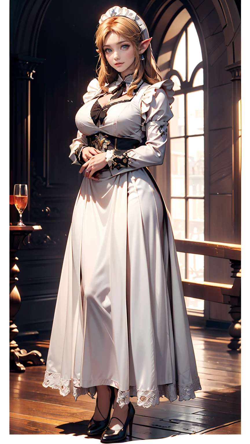 (Full body image:1.5), (Princess Zelda, Are standing, alone:1.2) ,(Large Breasts:1.5), (She is wearing a black maid outfit、wearing a very short white skirt。/Her body-hugging clothes:1.3), (She's in front of the bed in the hotel room:1.3), she has (blue eyes, Dark green mohawk:1.2), (She's smiling, Looking at the audience. Exhibitionist pose:1.2), Anime Style, 16K, Highest quality, Attention to detail, Textured skin, Ultra-high resolution, masterpiece, Anatomically correct