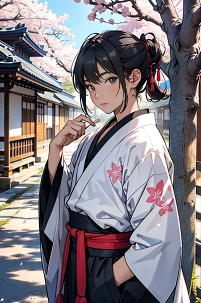 1 chico, Upper part of the body, expressionless, japanese clothes, by the wide, Alone, Cherry blossoms, looking at the viewer,