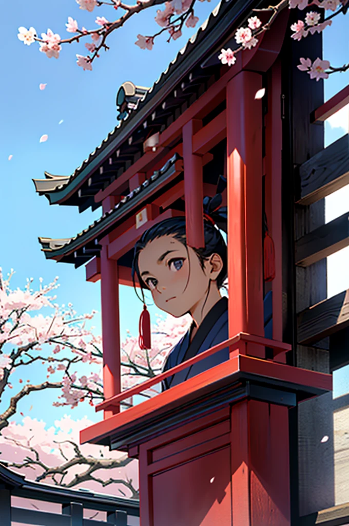 1 chico, Upper part of the body, expressionless, japanese clothes, by the wide, Alone, Cherry blossoms, looking at the viewer,