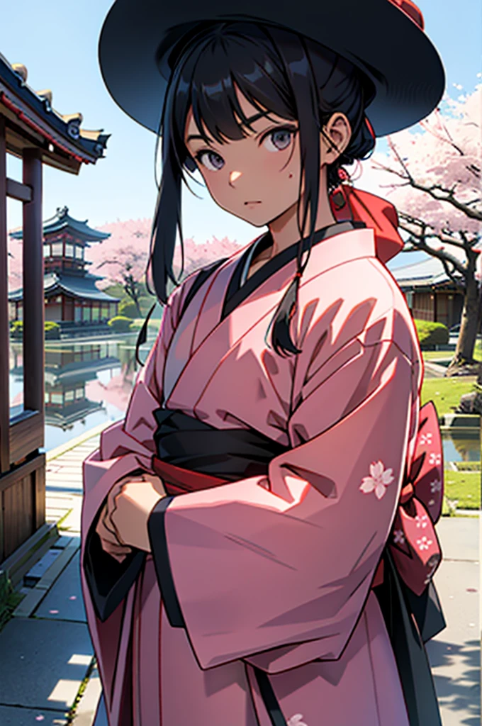 1 chico, Upper part of the body, expressionless, japanese clothes, by the wide, Alone, Cherry blossoms, looking at the viewer,
