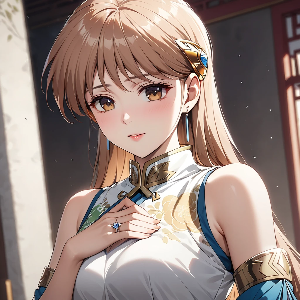 ((Highest quality)), ((masterpiece)), (detailed), （Perfect Face）、The woman is Princess Leona, an ordinary Chinese woman with medium-long light brown hair and an engagement ring.、The woman is wearing a gorgeous Chinese dress