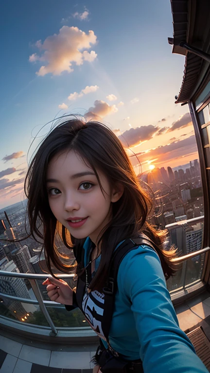 One girl, Korean, Fisheye Lens, Selfie, Wind, Messy Hair, sunset, Cityscape, (Aesthetics and atmosphere:1.2),smile