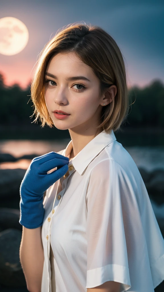 1 girl, casual clothes, princess, tie, gloves, outdoor, sky, full moon, rain, blonde short hair, forehead showing, short hair, blue eyes, standing, night sky, sideways, reflection, long hair, overcast sky, {{(art teacher) , (extremely detailed CG unit 8k wallpaper), best quality, solo, 1 girl, cinematic lighting, detailed background, beautiful detailed eyes, bright pupils (extremely delicate and beautiful), (beautiful and detailed description of the eye) , ultra detailed, masterpiece,}},