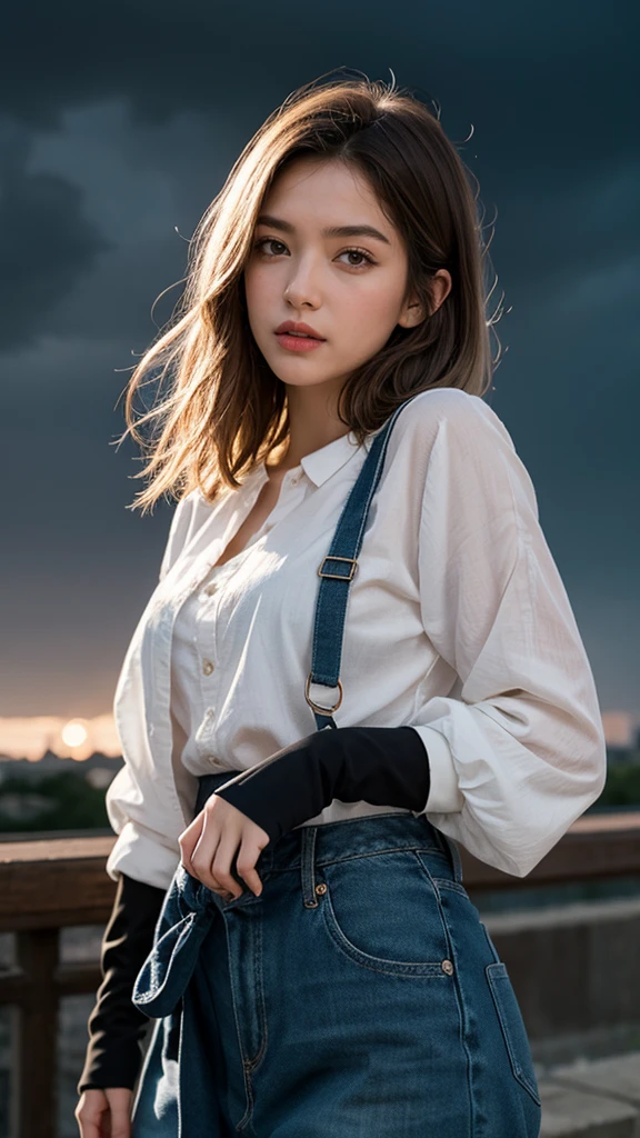 1 girl, casual clothes, princess, tie, gloves, outdoor, sky, full moon, rain, blonde short hair, forehead showing, short hair, blue eyes, standing, night sky, sideways, reflection, long hair, overcast sky, {{(art teacher) , (extremely detailed CG unit 8k wallpaper), best quality, solo, 1 girl, cinematic lighting, detailed background, beautiful detailed eyes, bright pupils (extremely delicate and beautiful), (beautiful and detailed description of the eye) , ultra detailed, masterpiece,}},