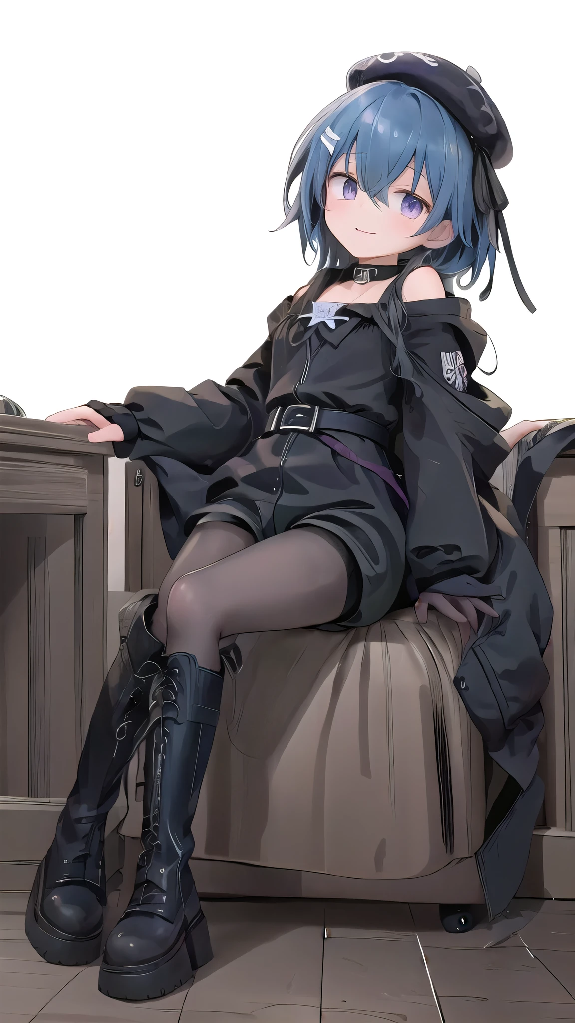 Women, Navy blue right eye, bright golden left eye, lazy smile, black winter jacket, short white skirt, black boots, short violet hair, white blindfolds, black knuckleless gloves.