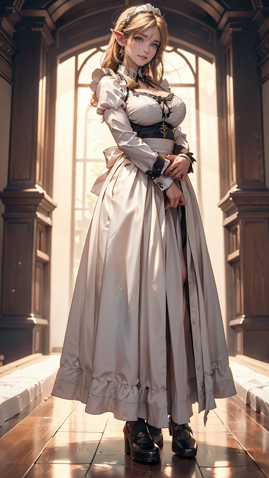 (Full body image:1.5), (Princess Zelda, Are standing, alone:1.2) ,(Large Breasts:1.5), (She is wearing a black maid outfit、wearing a very short white skirt。/Her body-hugging clothes:1.3), (She's in front of the bed in the hotel room:1.3), she has (blue eyes, Dark green mohawk:1.2), (She's smiling, Looking at the audience. Exhibitionist pose:1.2), Anime Style, 16K, Highest quality, Attention to detail, Textured skin, Ultra-high resolution, masterpiece, Anatomically correct
