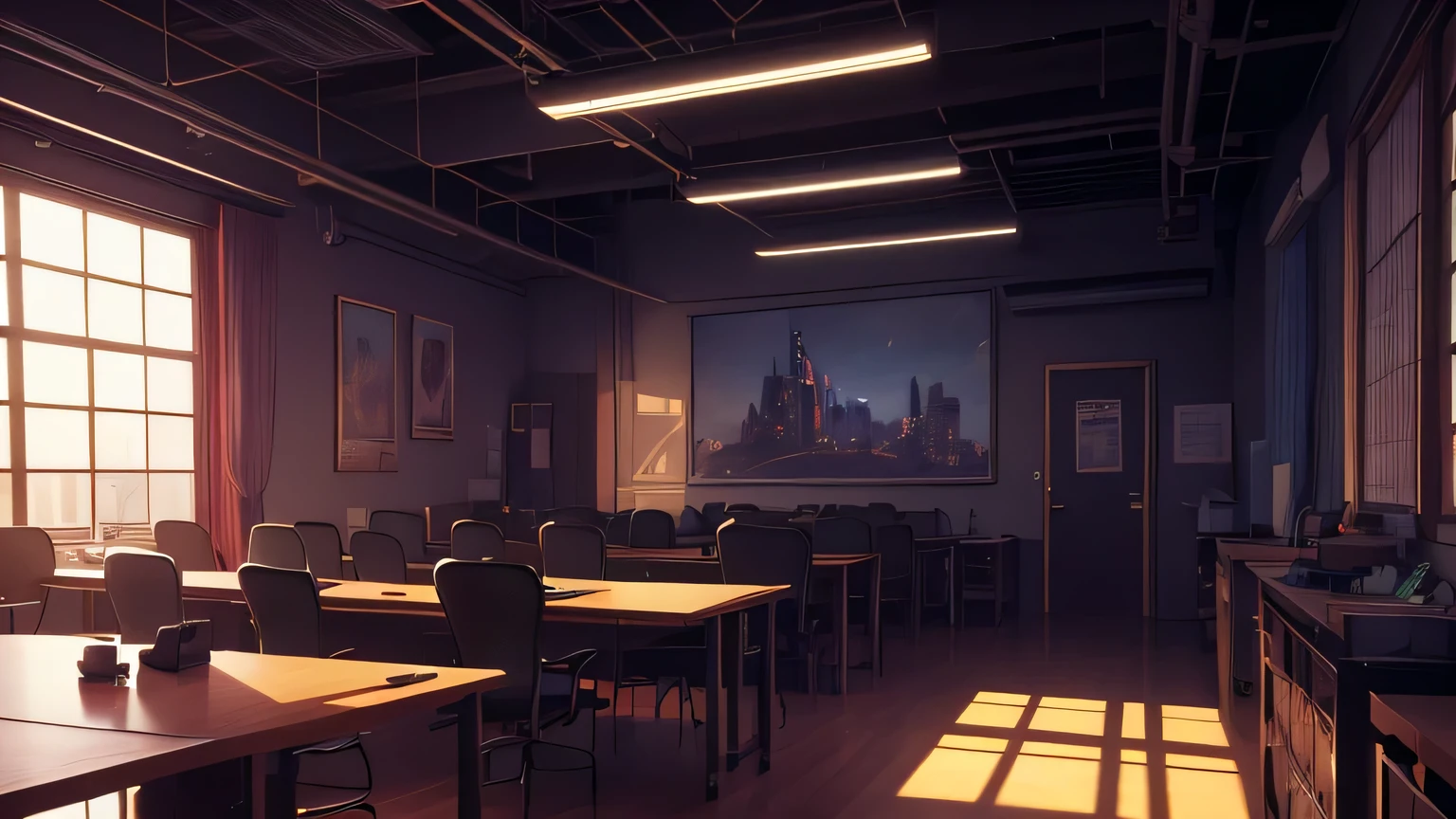 (masterpiece), (best illustration), anime background, indoor office, ring lighting , rim lighting, cinematic, paper falling, (extremely detailed CG unity 8k wallpaper),(masterpiece), (best quality), (ultra-detailed), (best illustration),(best shadow),perfect lighting , perfect anatomy , vivid colors, BgAniDusk