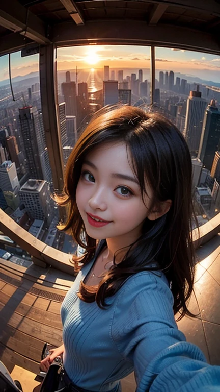 One girl, Korean, Fisheye Lens, Selfie, Wind, Messy Hair, sunset, Cityscape, (Aesthetics and atmosphere:1.2),smile