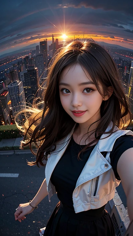 One girl, Korean, Fisheye Lens, Selfie, Wind, Messy Hair, sunset, Cityscape, (Aesthetics and atmosphere:1.2),smile