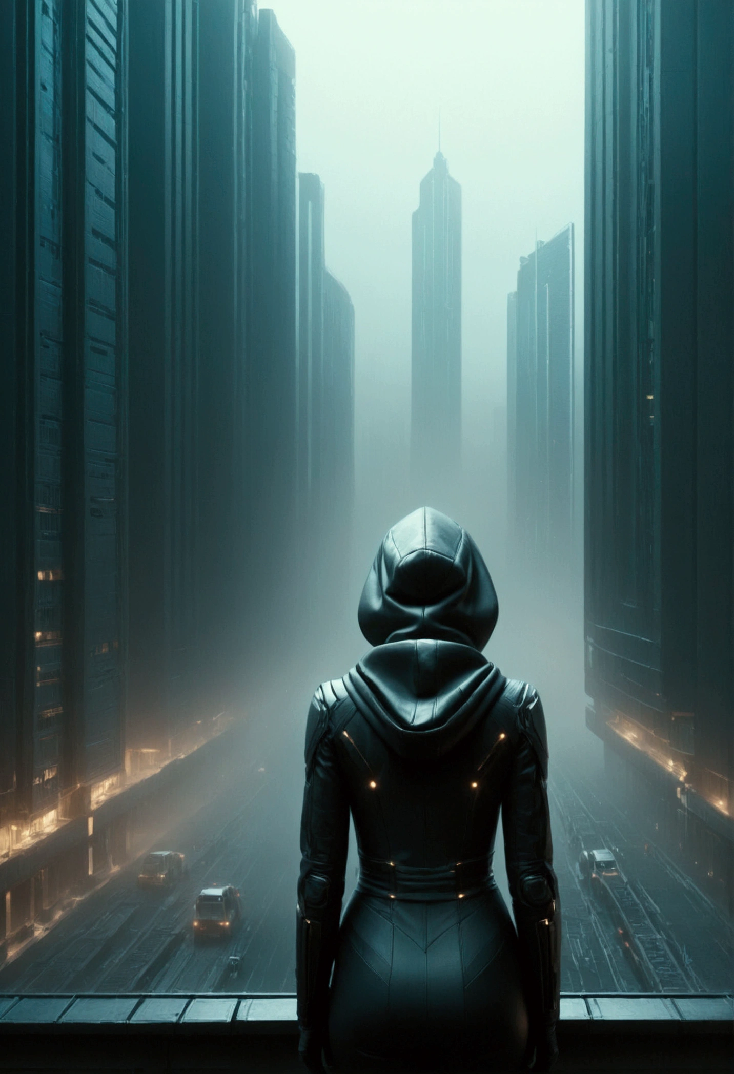 image taken from behind the shoulder of a woman from behind and DRESSED WITH A HOOD from the balcony of a futuristic building with, She is looking at an aerial view of an ultrafuturistic North American megalopolis, view of the whole city with many metallic buildings and houses in dark colors, from dark blue to black, the city has shades of metal gray, has smoky metal structures , industrial environment with smoke and fog around, dark cars on the streets, desert megalopolis, modern metal rails and trains passing through the city streets, tall futuristic metal buildings, many ultramodern buildings around, , as realistic as possible, as detailed as possible, Science fiction
