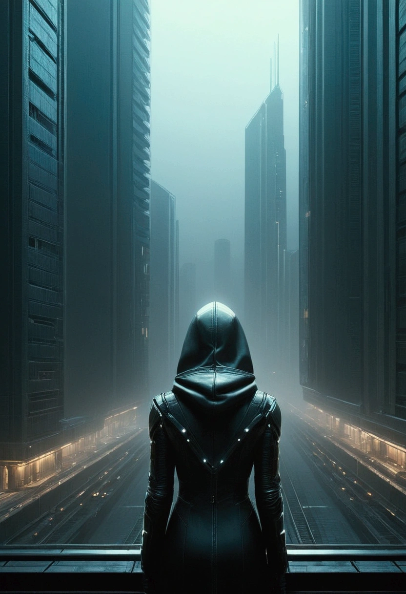 image taken from behind the shoulder of a woman from behind and DRESSED WITH A HOOD from the balcony of a futuristic building with, She is looking at an aerial view of an ultrafuturistic North American megalopolis, view of the whole city with many metallic buildings and houses in dark colors, from dark blue to black, the city has shades of metal gray, has smoky metal structures , industrial environment with smoke and fog around, dark cars on the streets, desert megalopolis, modern metal rails and trains passing through the city streets, tall futuristic metal buildings, many ultramodern buildings around, , as realistic as possible, as detailed as possible, Science fiction
