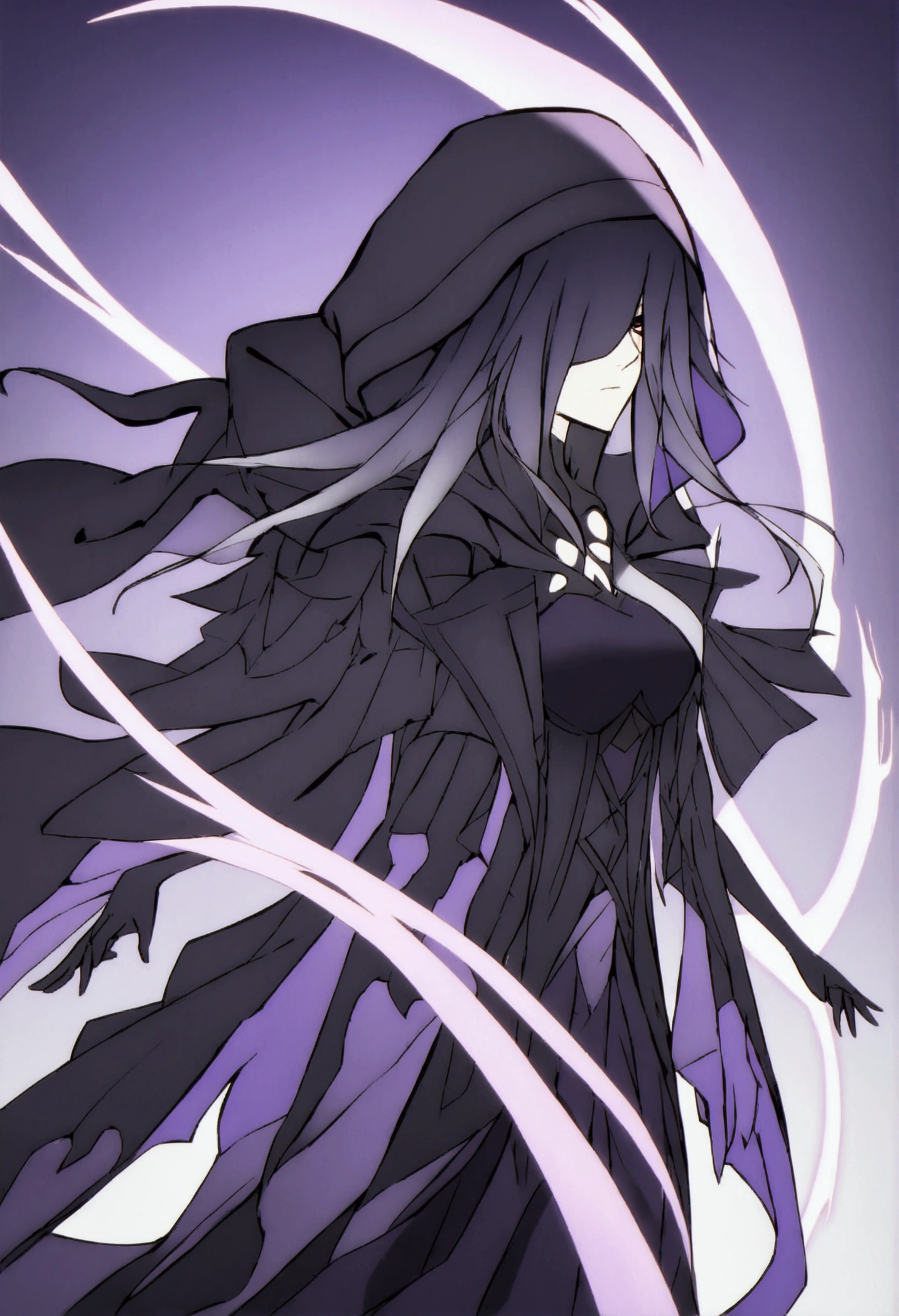 She wears flowing, dark robes with a deep hood that partially obscures her face, reminiscent of the shadowy aesthetic from 'The Eminence in Shadow.' Ensure that her face is visible and expressive, with striking features that convey both beauty and intimidation. Her color theme is black and purple, with the robes appearing tattered and merging with the surrounding shadows. The overall look should balance her ghostly, ethereal presence with a visible, compelling expression that showcases her mysterious and chaotic aura.