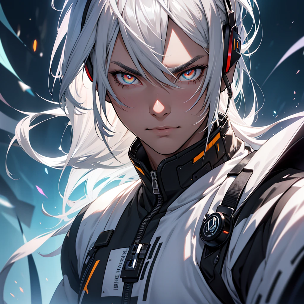mullet, pointy hair, crossed bangs, bangs, grey hair, colored inner hair, headphones, mismatched pupils, longeyelashes, amber eyes, bored, sulking, Surrealism, conceptual art, アニメ, アニメ style, ray tracing, glowing light, cowboy shot, lens flare, 8k, super detail, uhd, masterpiece, accurate, anatomically correct, textured skin, super detail, high details, high quality, award winning, best quality, highres、Handsome、male、Cool personality、nihilism、Colorful background、Splattering ink、Unreasonable Eyes、Short Wolf、Close-up