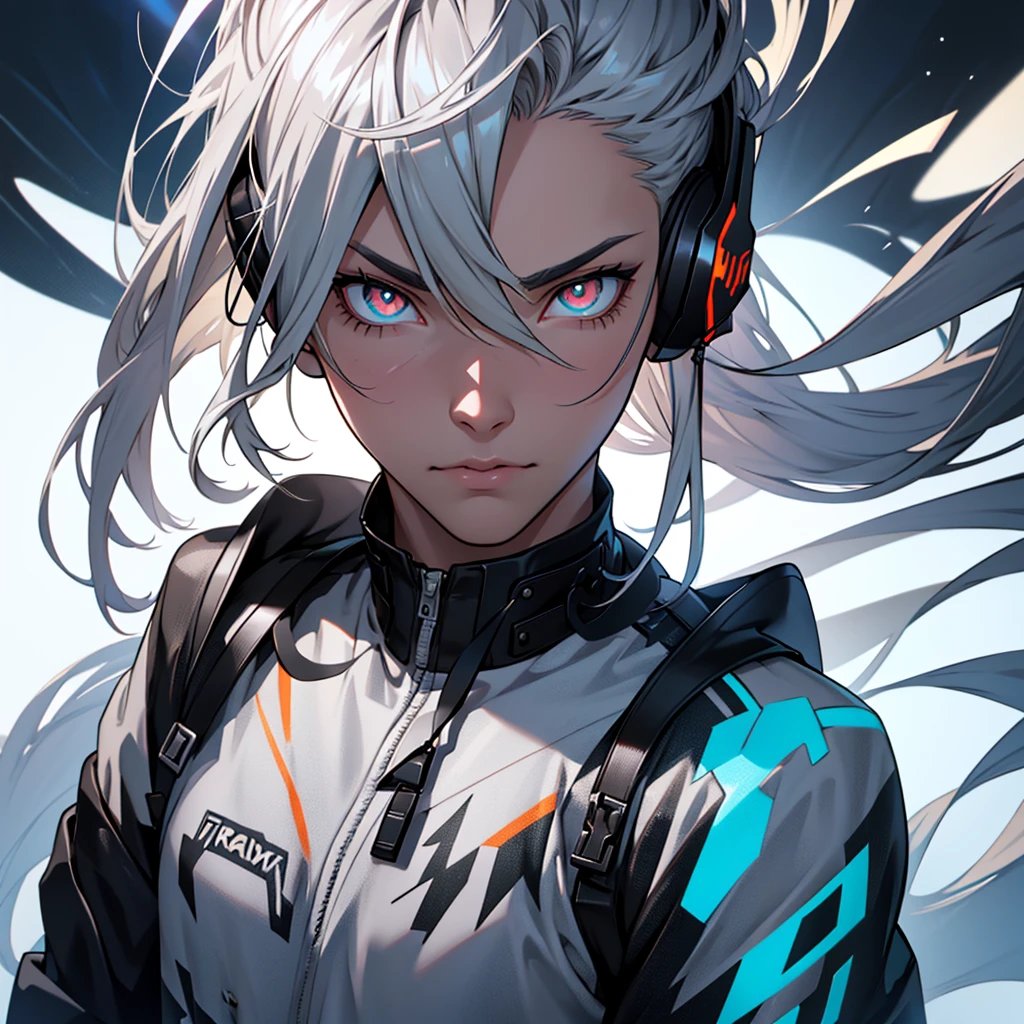 mullet, pointy hair, crossed bangs, bangs, grey hair, colored inner hair, headphones, mismatched pupils, longeyelashes, amber eyes, bored, sulking, Surrealism, conceptual art, アニメ, アニメ style, ray tracing, glowing light, cowboy shot, lens flare, 8k, super detail, uhd, masterpiece, accurate, anatomically correct, textured skin, super detail, high details, high quality, award winning, best quality, highres、Handsome、male、Cool personality、nihilism、Colorful background、Splattering ink、Unreasonable Eyes、Short Wolf、Close-up