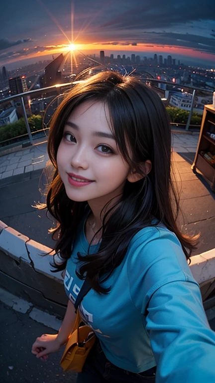 One girl, Korean, Fisheye Lens, Selfie, Wind, Messy Hair, sunset, Cityscape, (Aesthetics and atmosphere:1.2),smile
