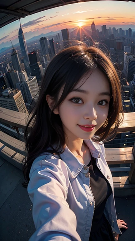One girl, Korean, Fisheye Lens, Selfie, Wind, Messy Hair, sunset, Cityscape, (Aesthetics and atmosphere:1.2),smile