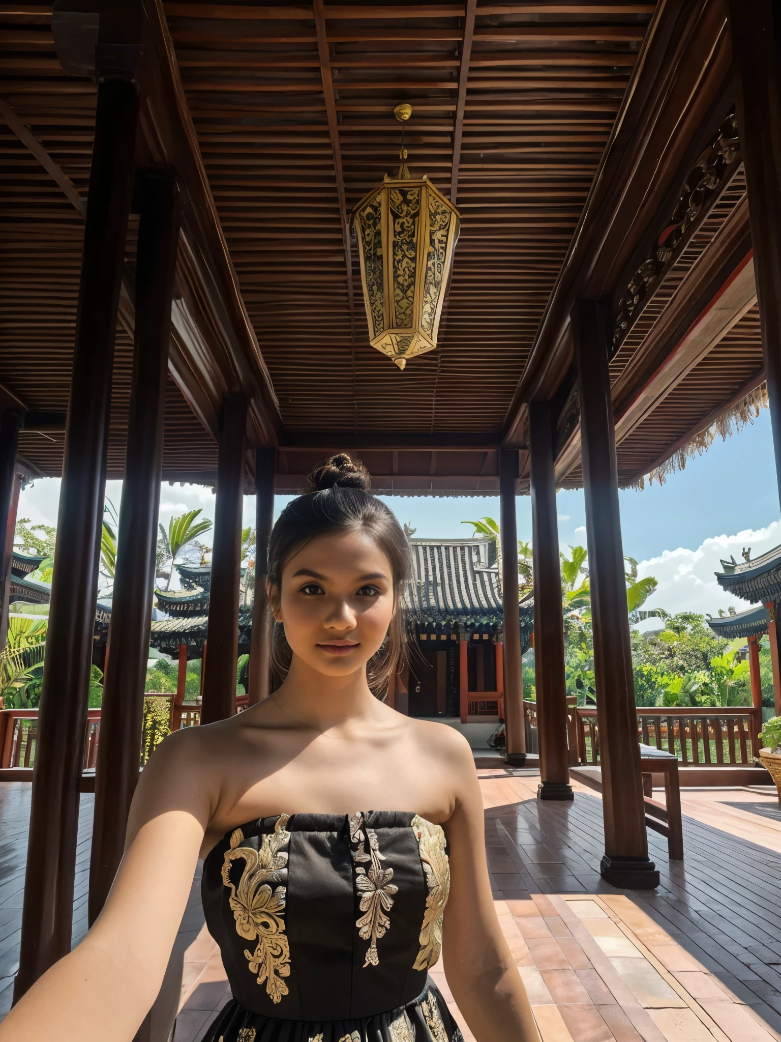 1girl, messy black bun hair, strapless damask midi dress, intricate damask, red scarf around her neck, detailed face, (looking at viewer:1.4), (best quality, highres, masterpiece:1.2), (realistic, photorealistic:1.3), fashion portrait, dramatic lighting, vivid colors, intricate details, cinematic, traditional Indo-China style house, intricate architecture, wooden structure, sloping roof, ornate carvings, large windows, open veranda, lush tropical plantation, vibrant greenery, palm trees, tropical flowers, serene garden, detailed textures, harmonious design, tranquil atmosphere, cultural heritage, natural beauty, high-quality rendering,