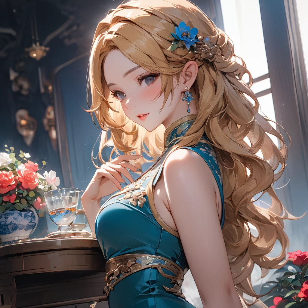 ((Highest quality)), ((masterpiece)), (detailed), （Perfect Face）、The woman is Princess Zelda, with medium-long blonde hair, an engagement ring, and a gorgeous Chinese dress.