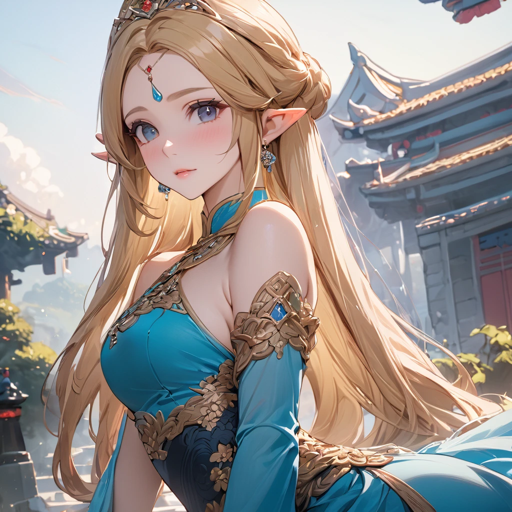 ((Highest quality)), ((masterpiece)), (detailed), （Perfect Face）、The woman is Princess Zelda, with medium-long blonde hair, an engagement ring, and a gorgeous Chinese dress.