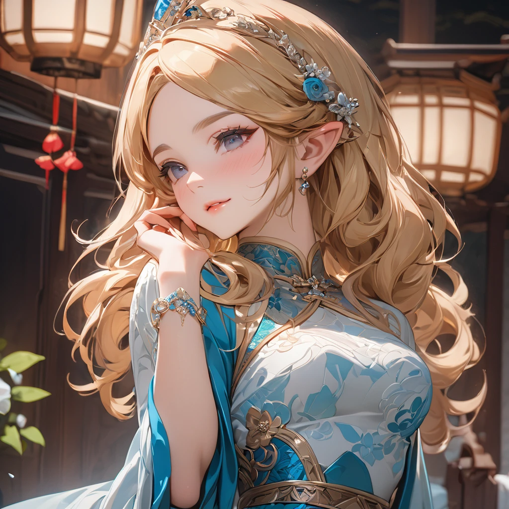 ((Highest quality)), ((masterpiece)), (detailed), (Perfect Face)、The woman is Princess Zelda, with medium-long blonde hair, an engagement ring, and a gorgeous Chinese dress.