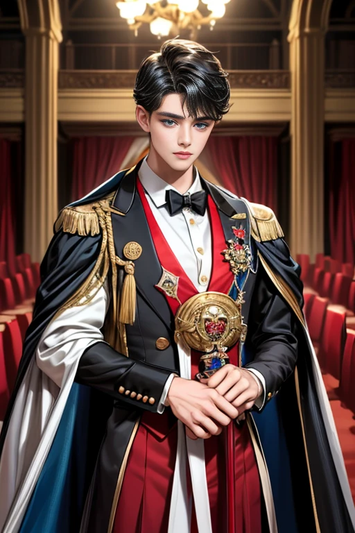 masterpiece, 最high quality, high quality, 1 boy, alone, Male focus, Watching the audience, Messy black hair, Adorable big blue eyes, White, Noble, Noble,A sexy, voluminous, puffy cape、tuxedo、A very voluminous, large, very large, very large, long, long red and black cape with a high stand-up collar, made of a lot of fabric that reaches down to the floor., 17 years old,Cute beautiful boys,Cute, cute, kind, handsome guy