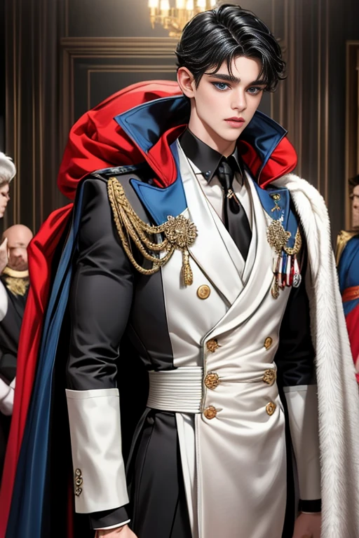 masterpiece, 最high quality, high quality, 1 boy, alone, Male focus, Watching the audience, Messy black hair, Adorable big blue eyes, White, Noble, Noble,A sexy, voluminous, puffy cape、tuxedo、A very voluminous, large, very large, very large, long, long red and black cape with a high stand-up collar, made of a lot of fabric that reaches down to the floor., 17 years old,Cute beautiful boys,Cute, cute, kind, handsome guy